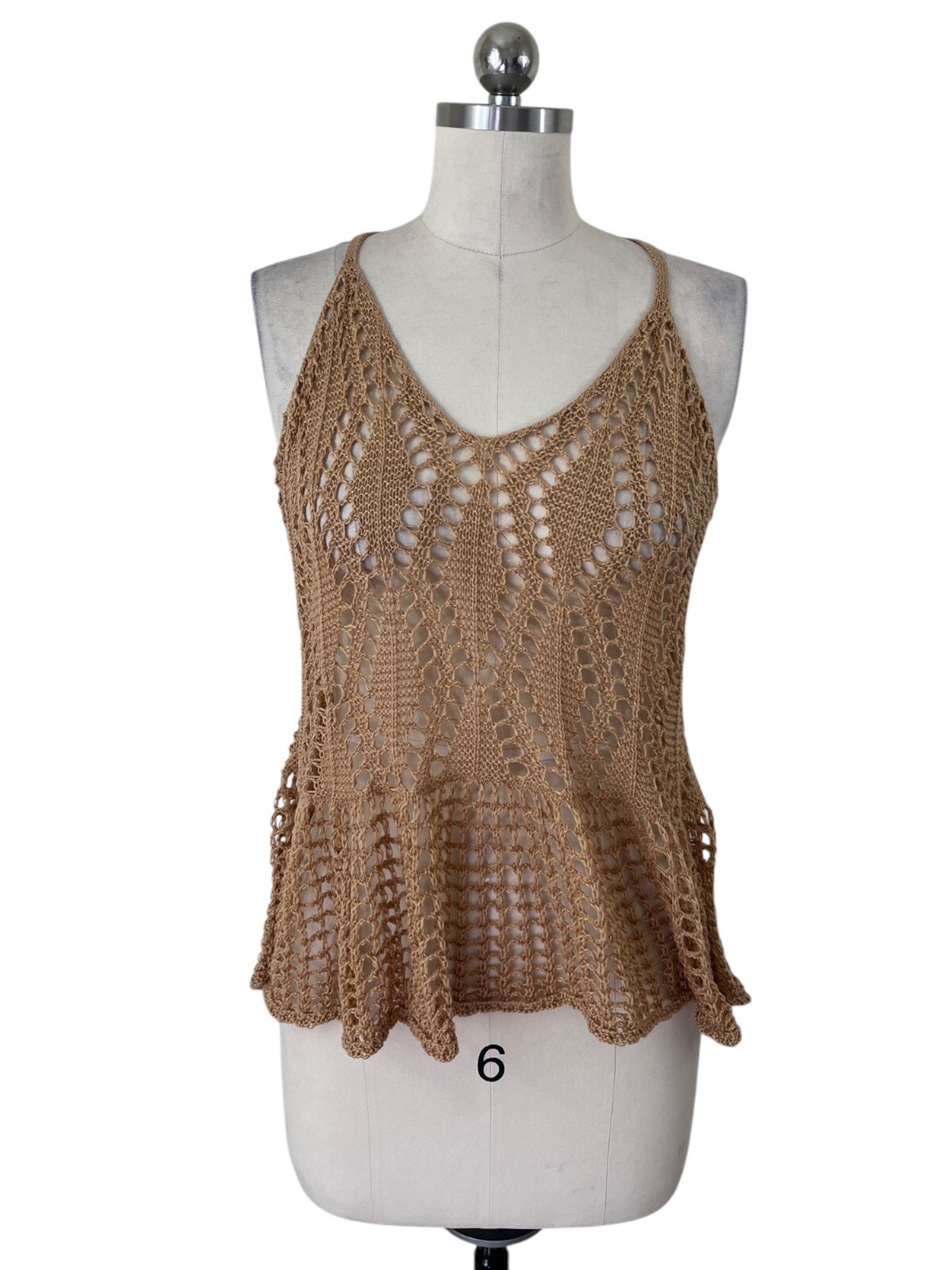 Crochet Knit Tank Top Sleeveless Open Back Ruffle Womens Medium Brown Festival