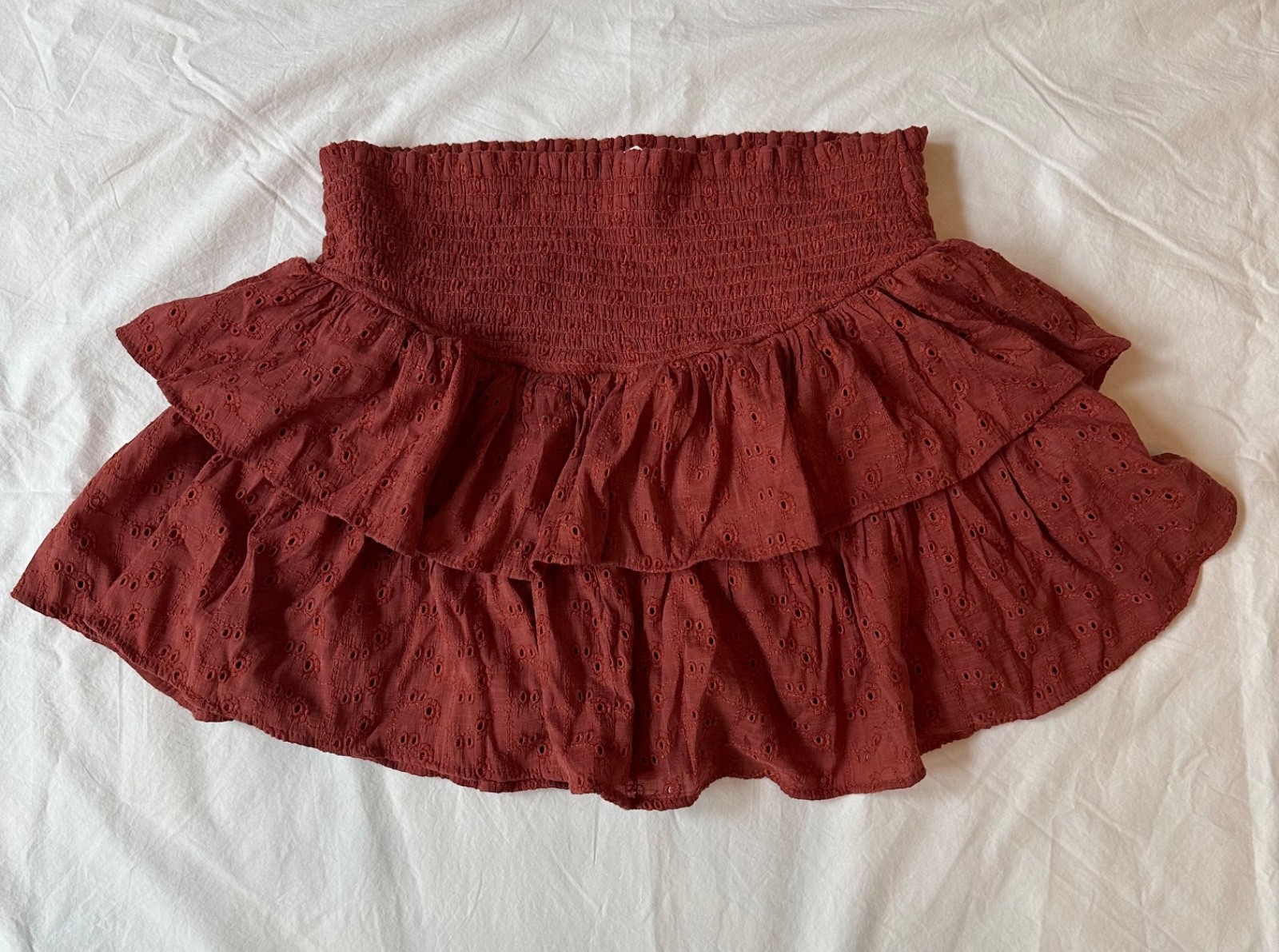 Altar’d State Tiered Ruffle Skort Rust Eyelet Smocked Waist Sz M Boho Festival