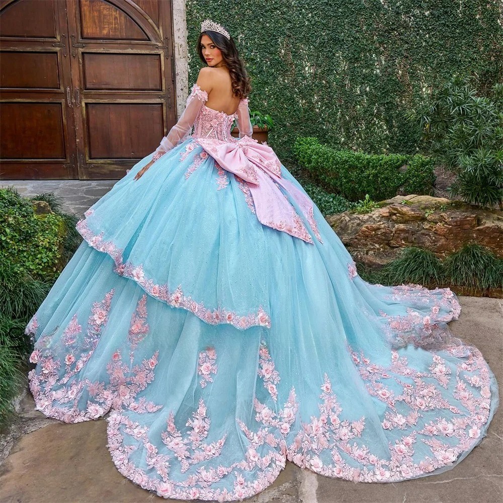 Off Shoulder 3D Floral Applique Ball Gown Quinceanera Dresses With Sheer Sleeves