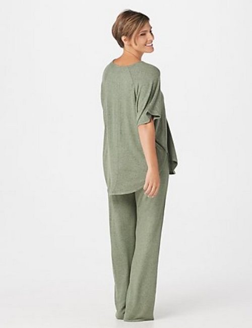 AnyBody Sea Spray Green Hacci Flounce Top & Wide Leg Pants Set Pajama Lounge