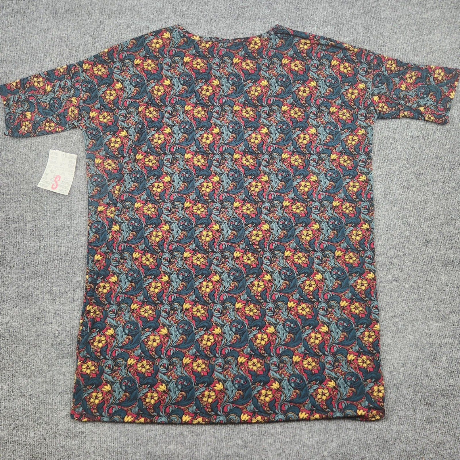 LuLaRoe Irma Tunic Top Womens Small Red Yellow Blue Floral Damask Short Sleeve