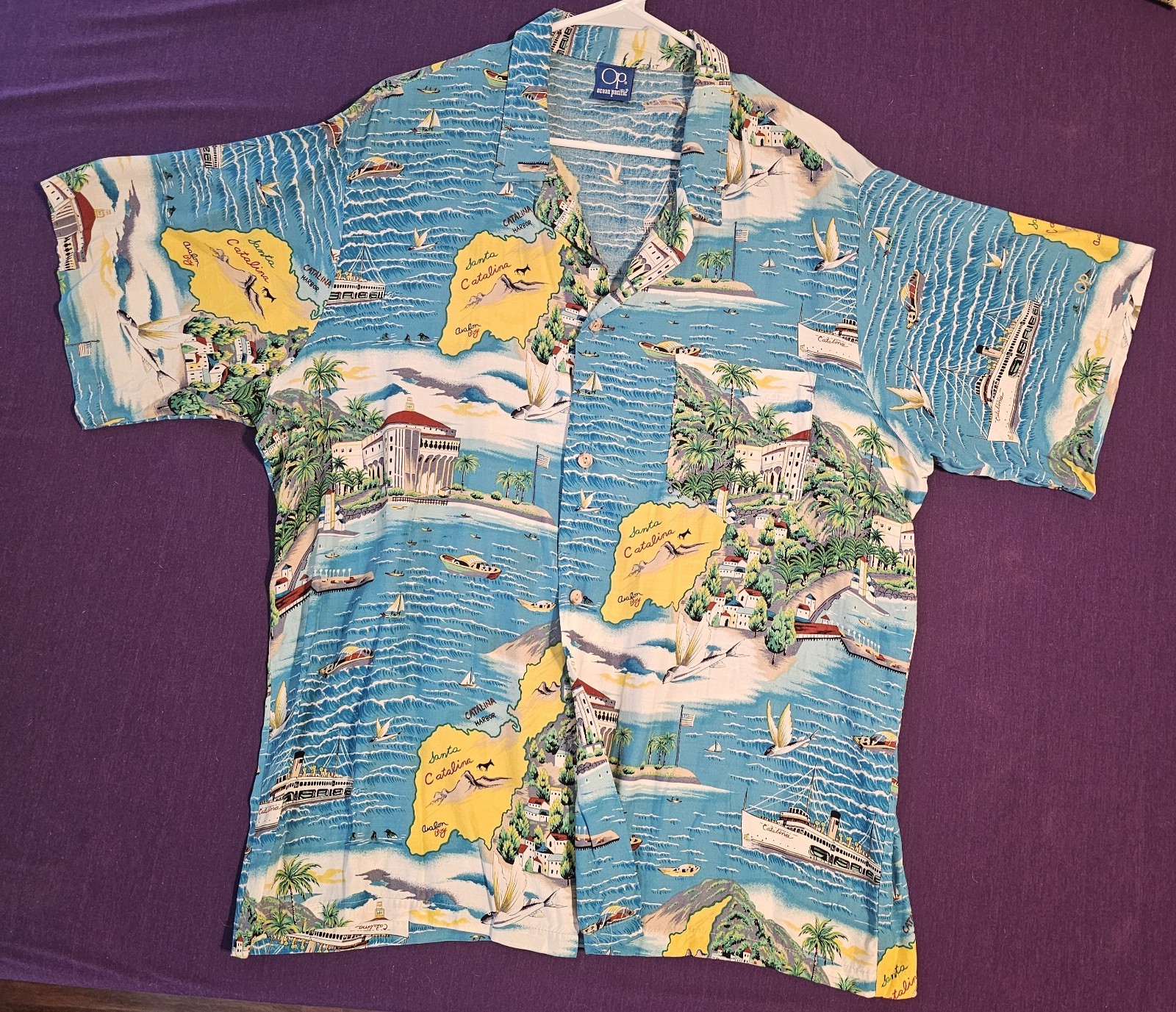 Rare 70s 80s Vintage Ocean Pacific Rayon Hawaiian Shirt Mens L Catalina Islands