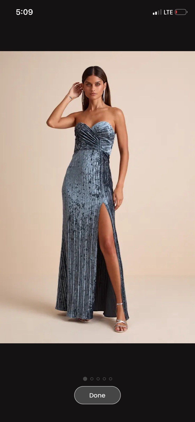 Women’s XS Blue Sweetheart Strapless Pleated Velvet Maxi Dress Slit Solid