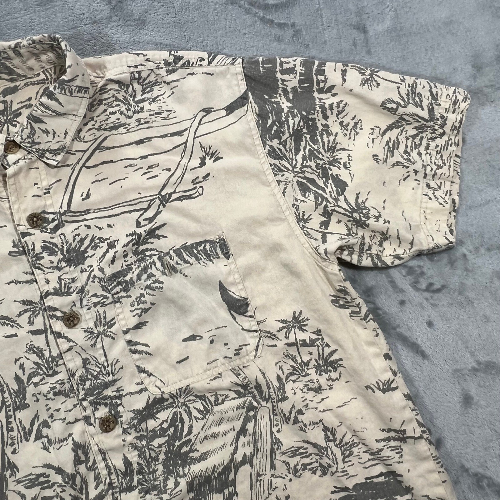 UNBRANDED Hemp Blend Tropical Island Print Shirt Mens Large Beige Gray