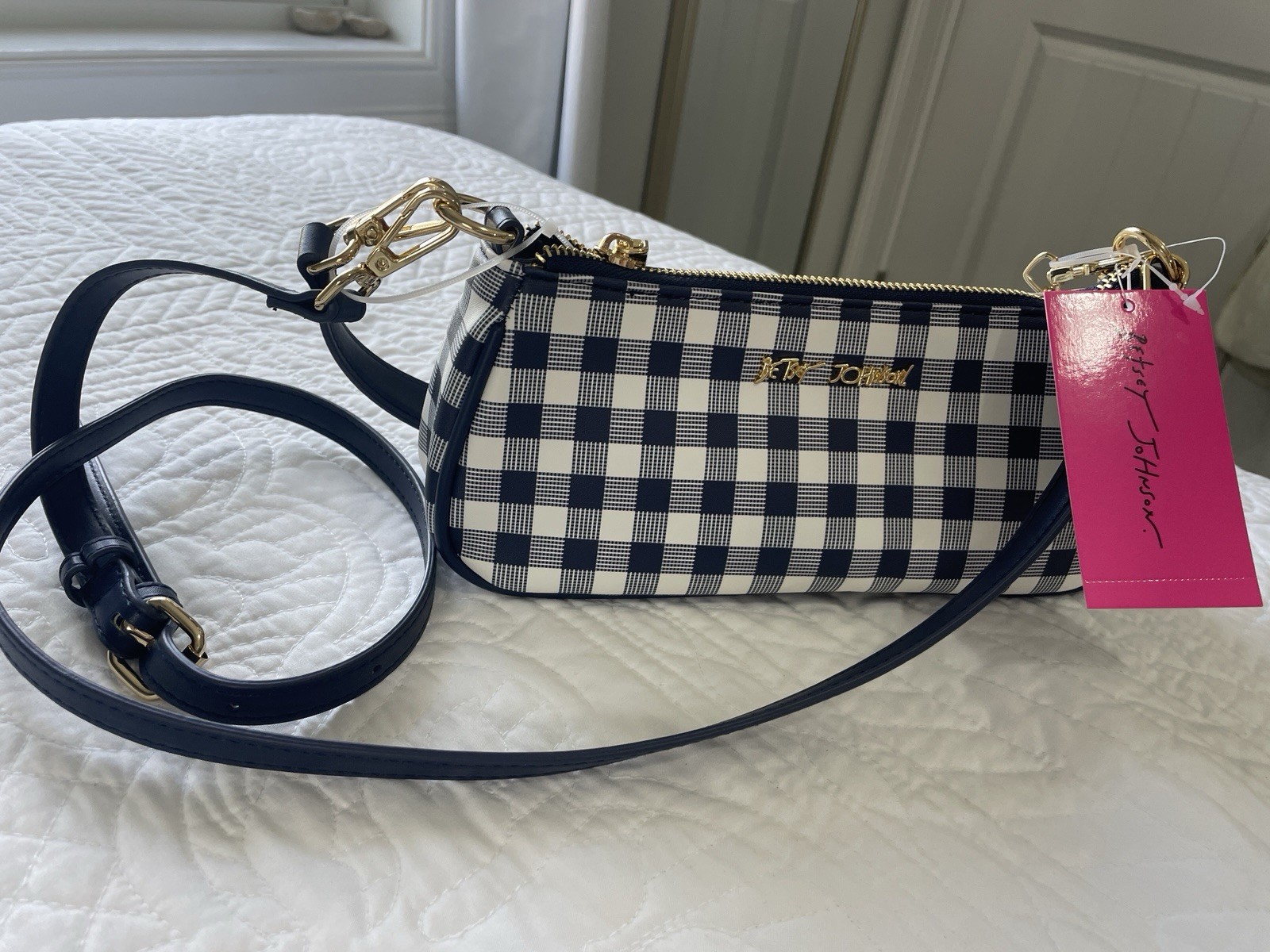 Betsey Johnson Blue/White Checkered Zip Crossbody Bag Detachable Strap Gold HW