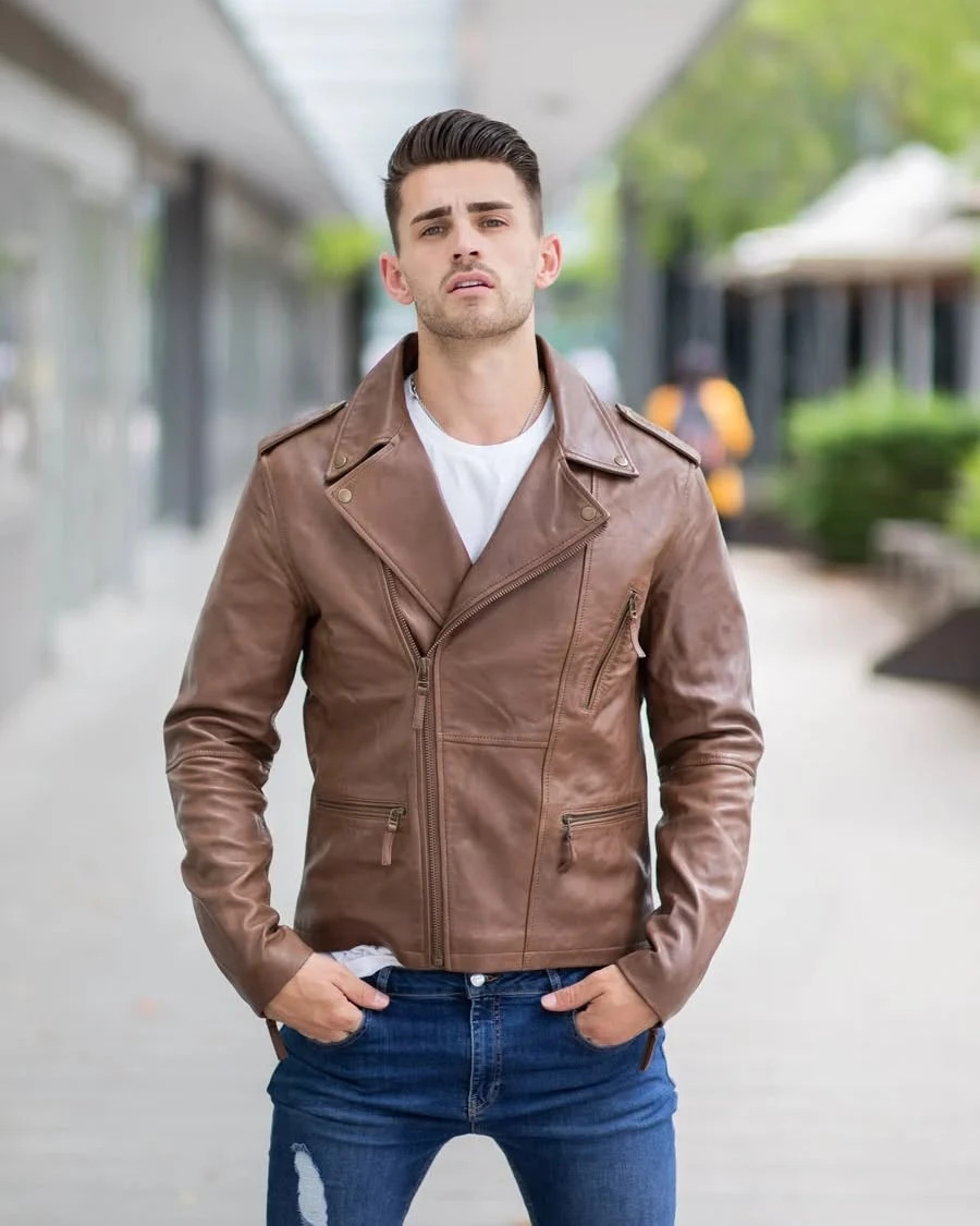 Premium Modern Brown Genuine Leather Jacket Men’s Fashion Biker Style XS to 2XL