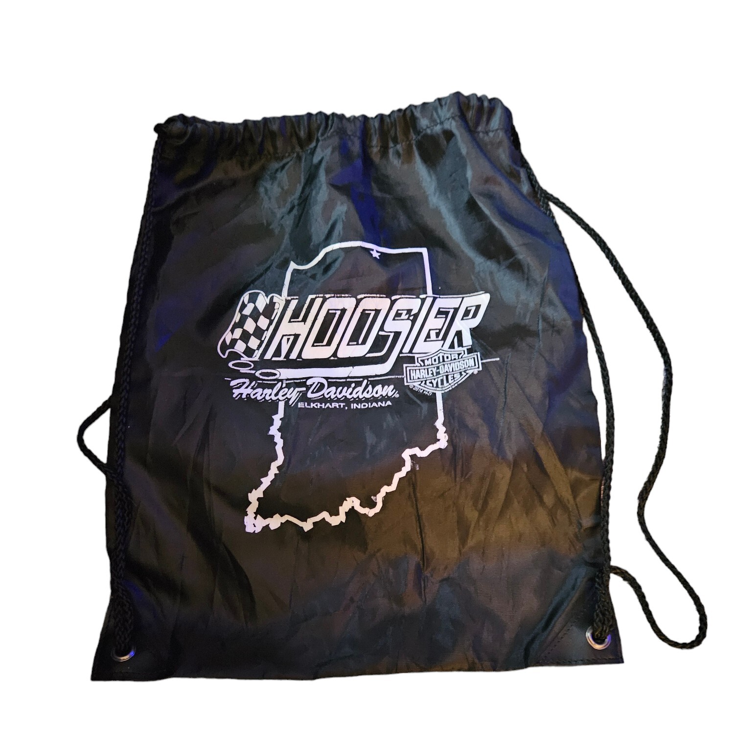 Hoosier Harley Davidson Drawstring Backpack Bag Black Elkhart Indiana 17″×13″