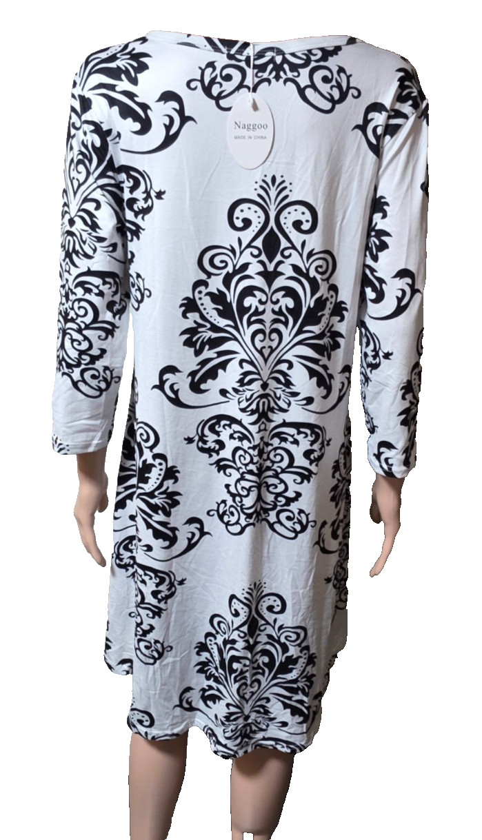 Naggo White & Black Print Tunic Top Button V-Neck & Asymmetrical Hem Size Med.