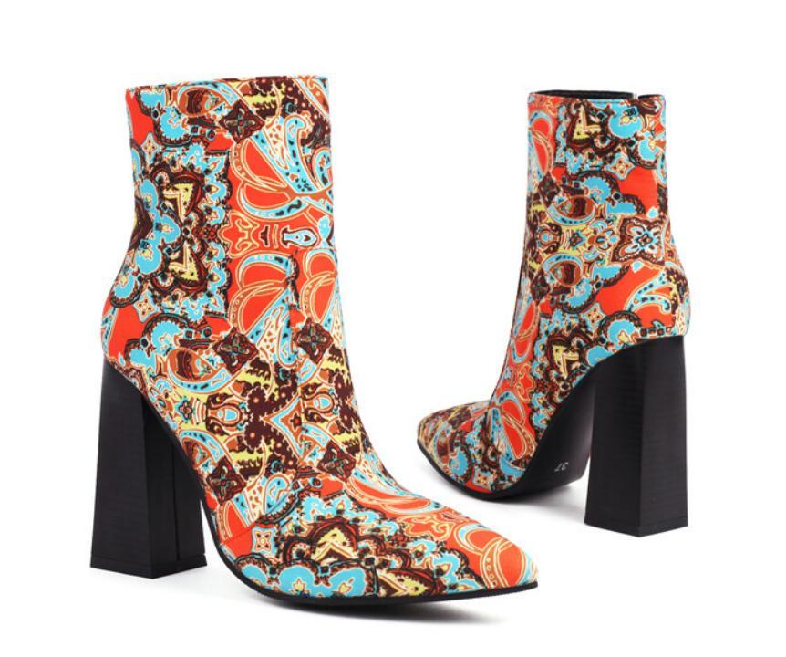 Retro Floral Women’s Pointed Toe Chunky Heels Side Zip Ankle Boots Fashion Pumps