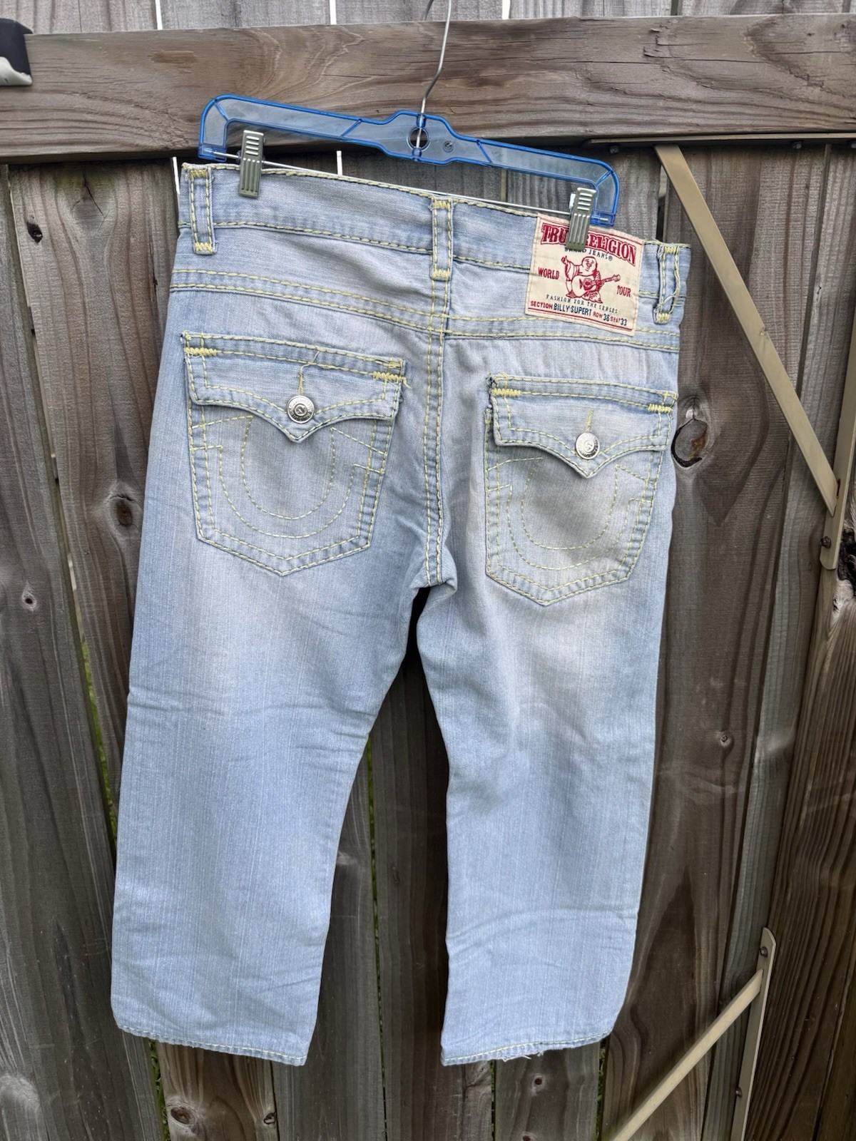 True Religion World Tour Men’s Blue Light Wash Straight Slim Jeans Distressed