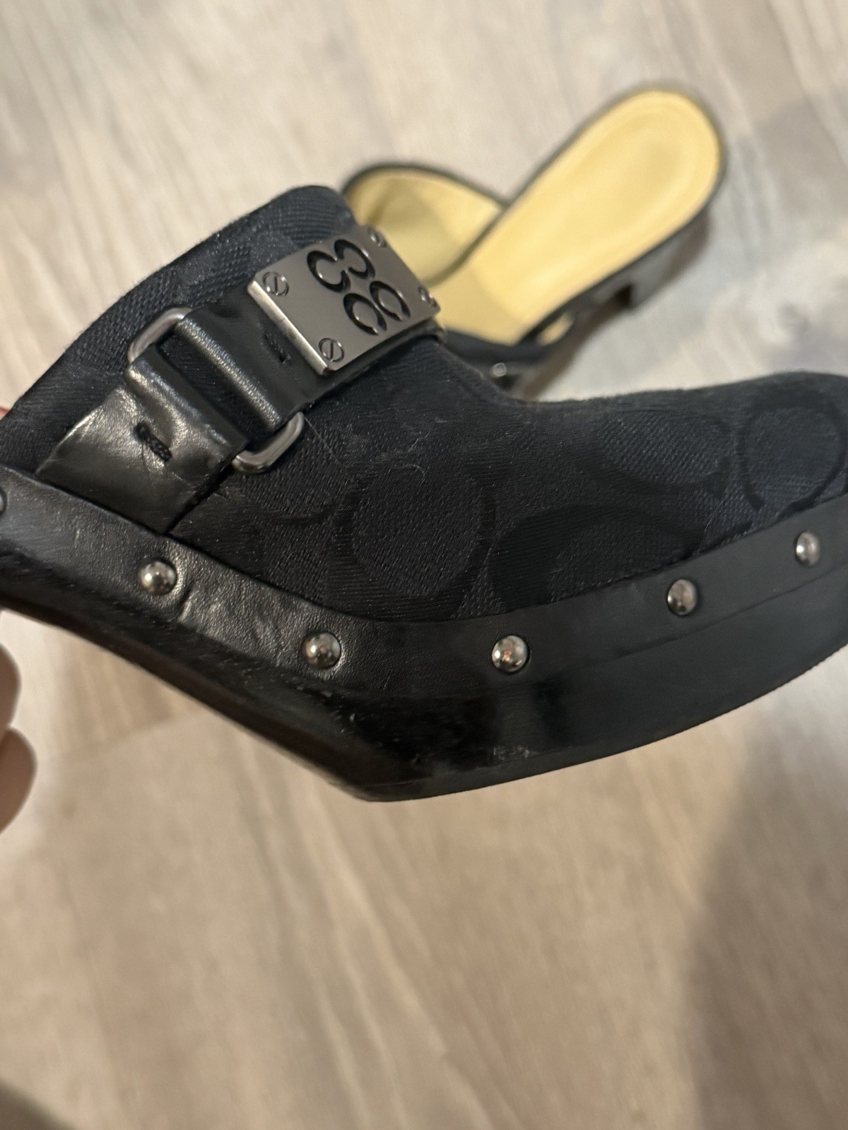 Coach Black Signature Logo Canvas & Leather Mule Slip-On Studded Buckle US 8B