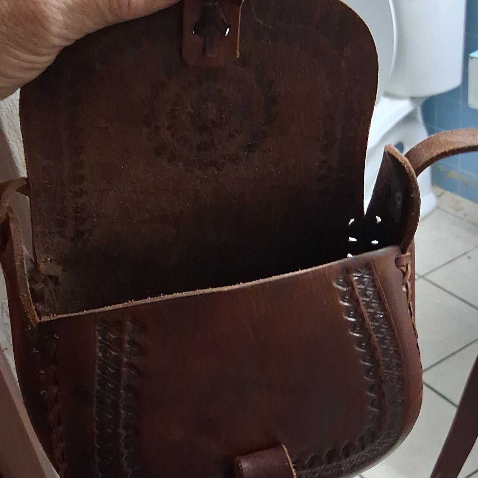 Brown Embossed Stitched Semi-Circle Saddle Crossbody Bag Buckle Flap Adjustable