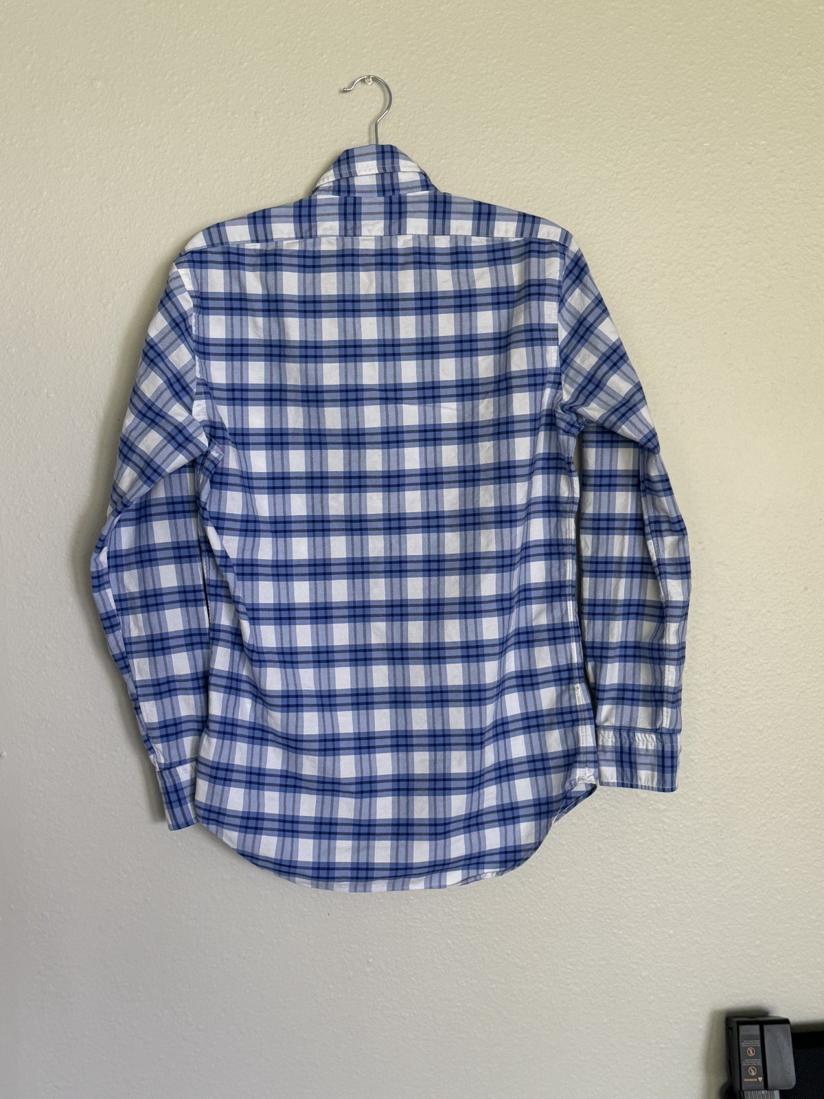 Brooks Brothers Milano Shirt S Small Blue Plaid Supima Cotton Made in USA Slim