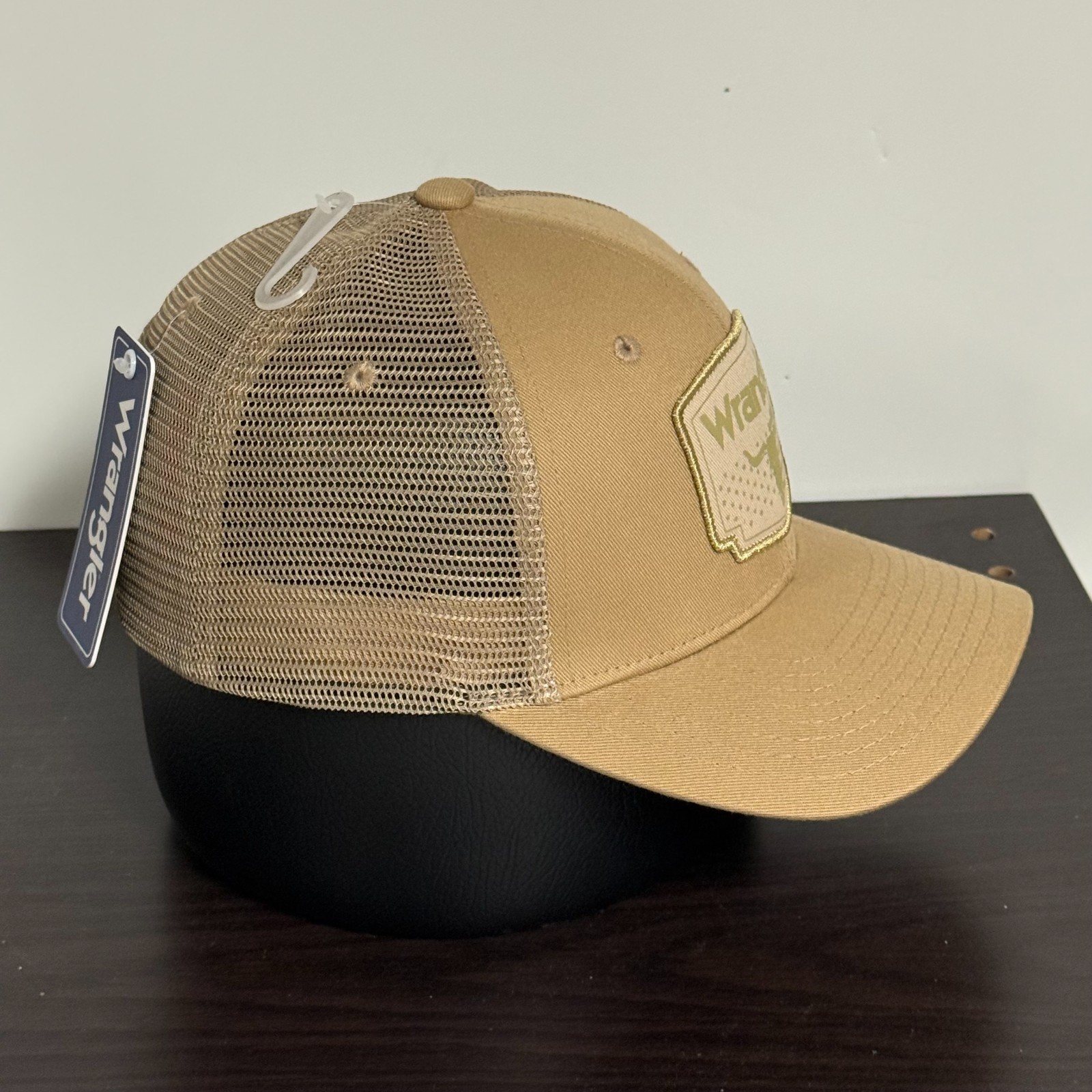 Wrangler Snapback Trucker Hat Beige Adjustable Cap Skull/Flag Logo Patch NEW!