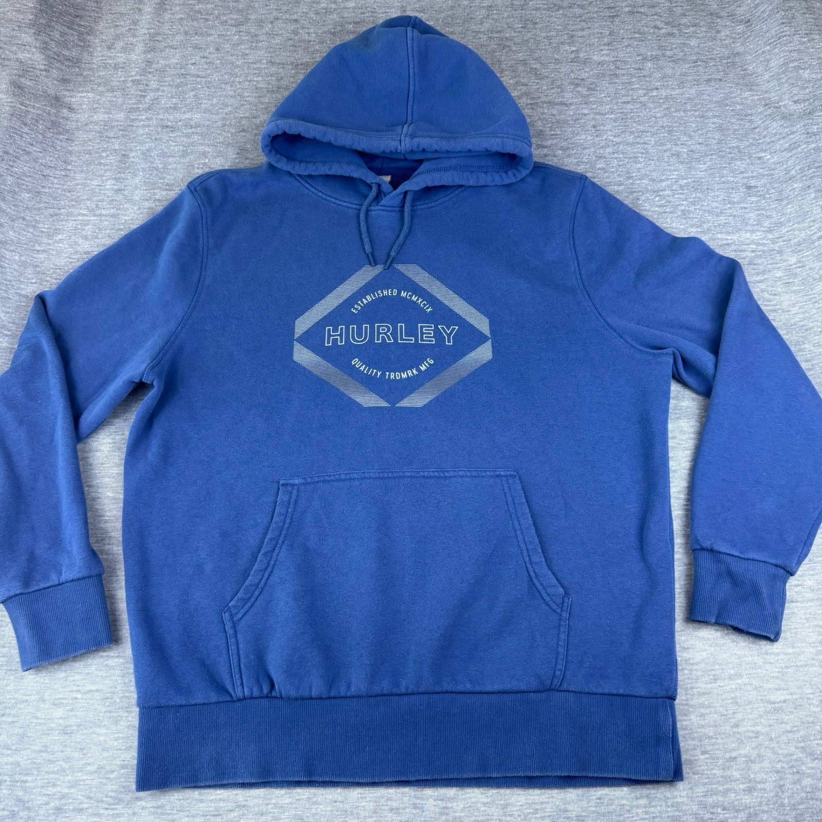 Hurley Y2K Hoodie Blue Pullover Quality Graphic Print Front Drawstring Mens LG