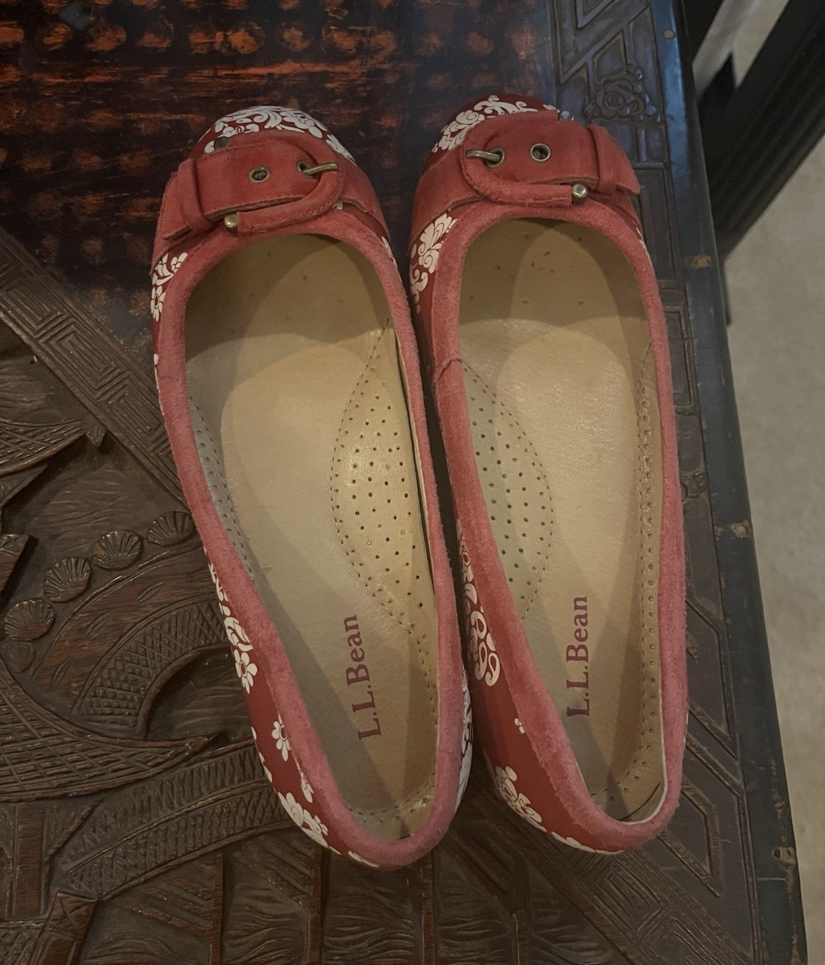 L.L.Bean Women’s 6.5 Red/White Floral Ballet Flats Slip-On Nylon Rubber Sole