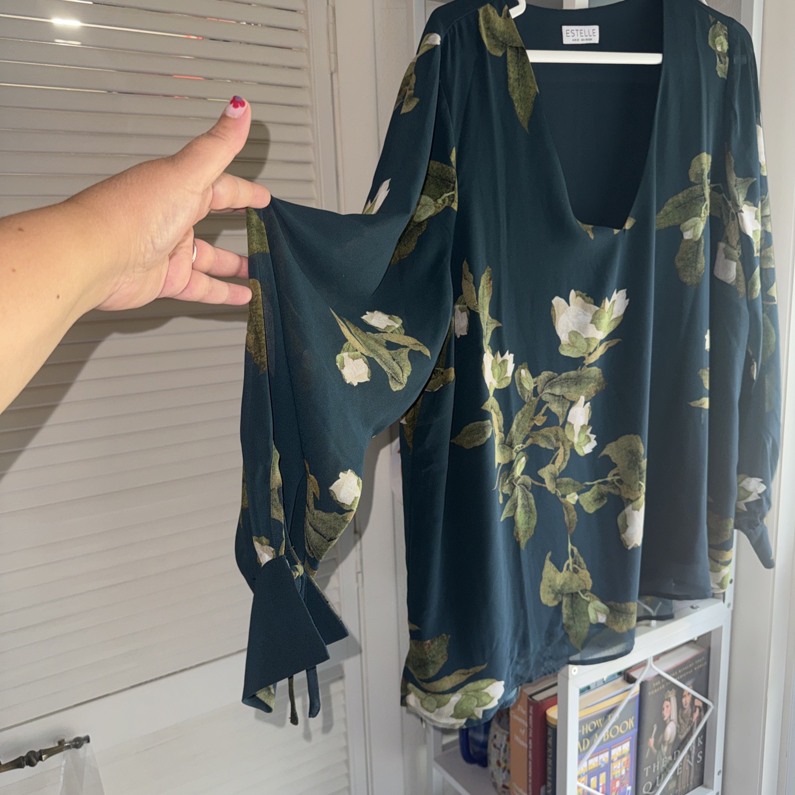 Estelle Navy Blue Flowered Blouse Sheer Long Sleeves Ivory Rose Print plus 3x