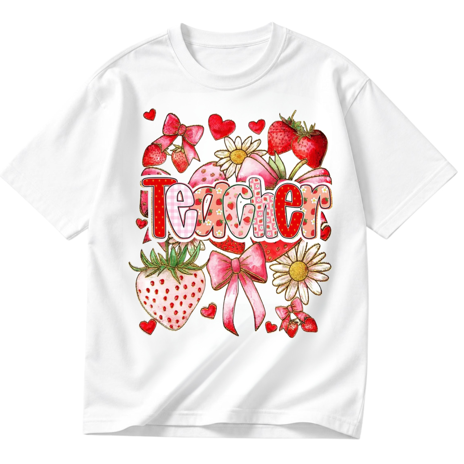 Teacher Shirt Cute Strawberry Floral Bow Graphic Tee Gift For Teacher S-5XL
