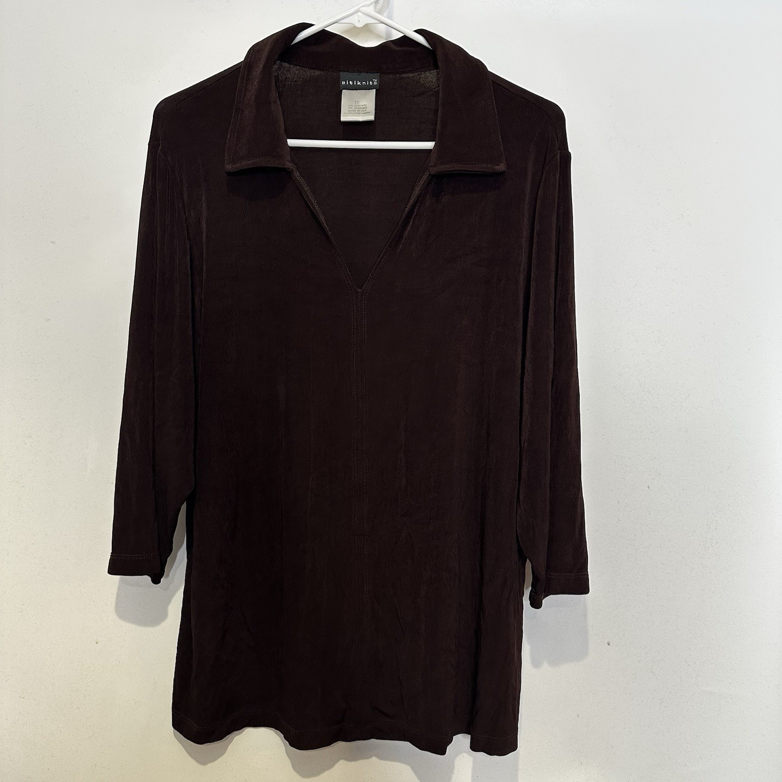 Citiknits Brown V Neck Stretch Slinky Knit 3/4 Sleeve Blouse 1X Tunic Top