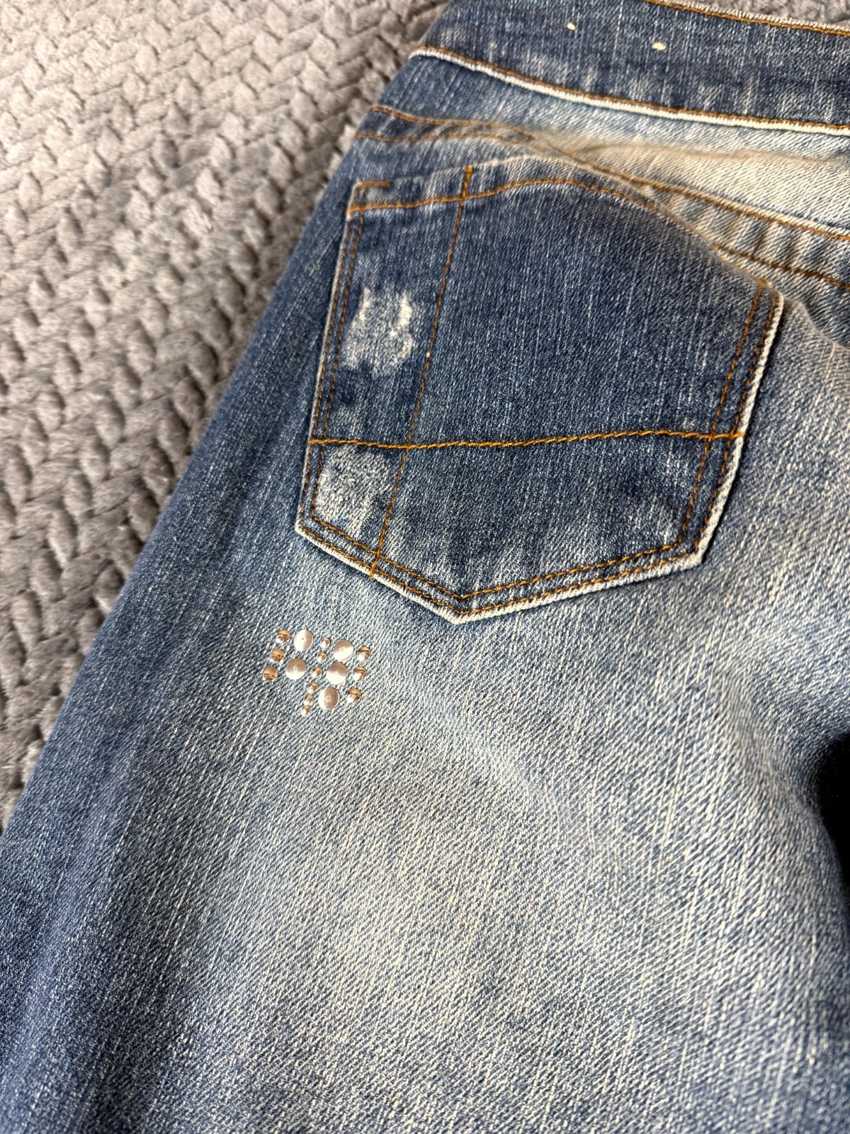 Vintage Hint Flare Jeans Womens 1 Blue Denim Cotton Studded Distressed Mid Rise