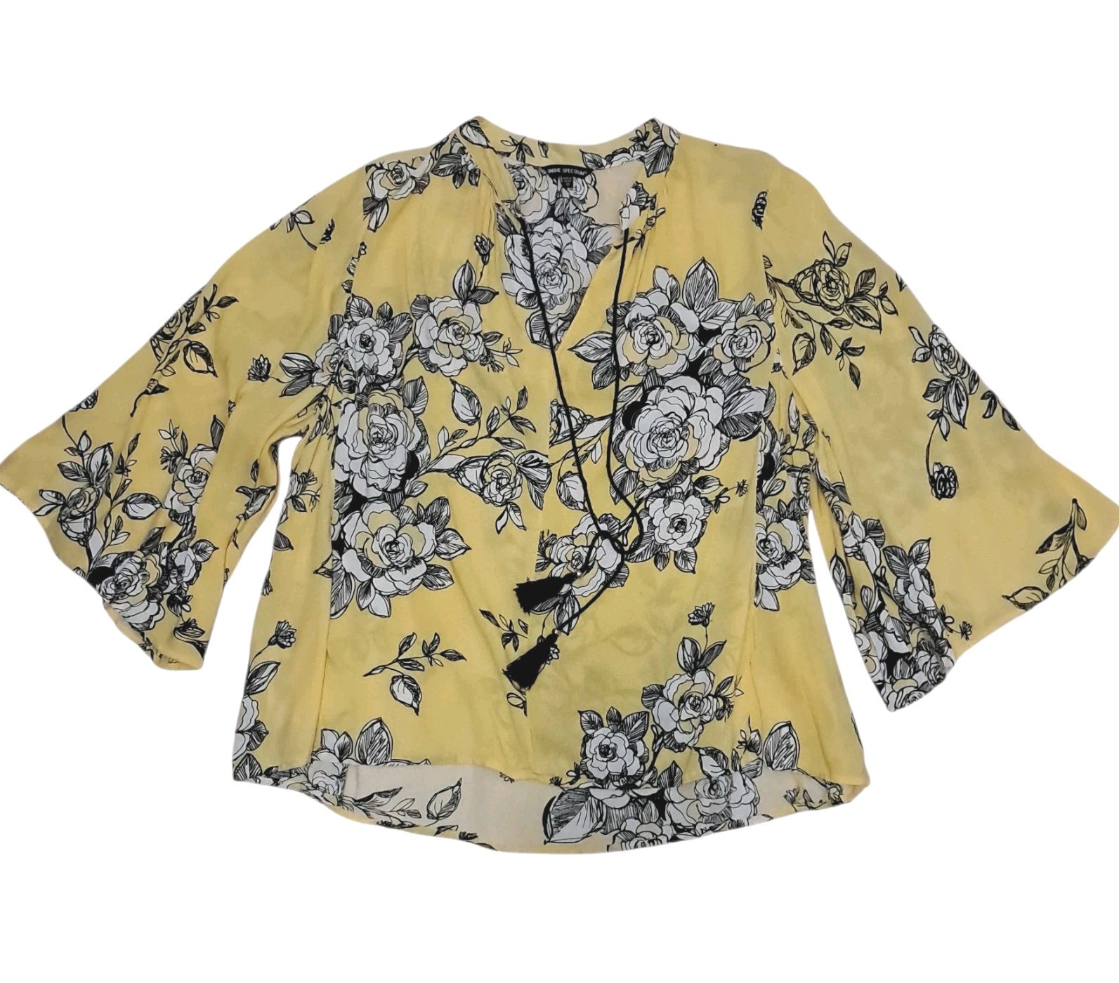 Unique Spectrum Women’s Blouse 2X Yellow Floral V-Neck 3/4 Wide Sleeves Rayon