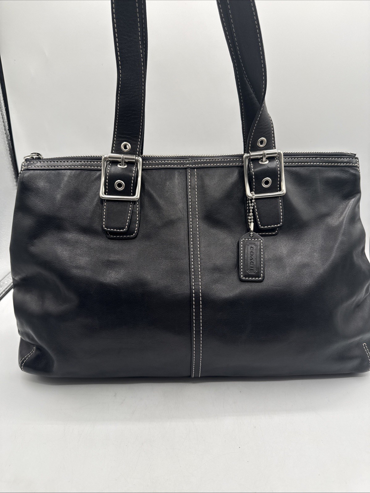 Vintage Coach Hampton 9554 Black Leather Tote Satchel Purse Buckles W/check Book