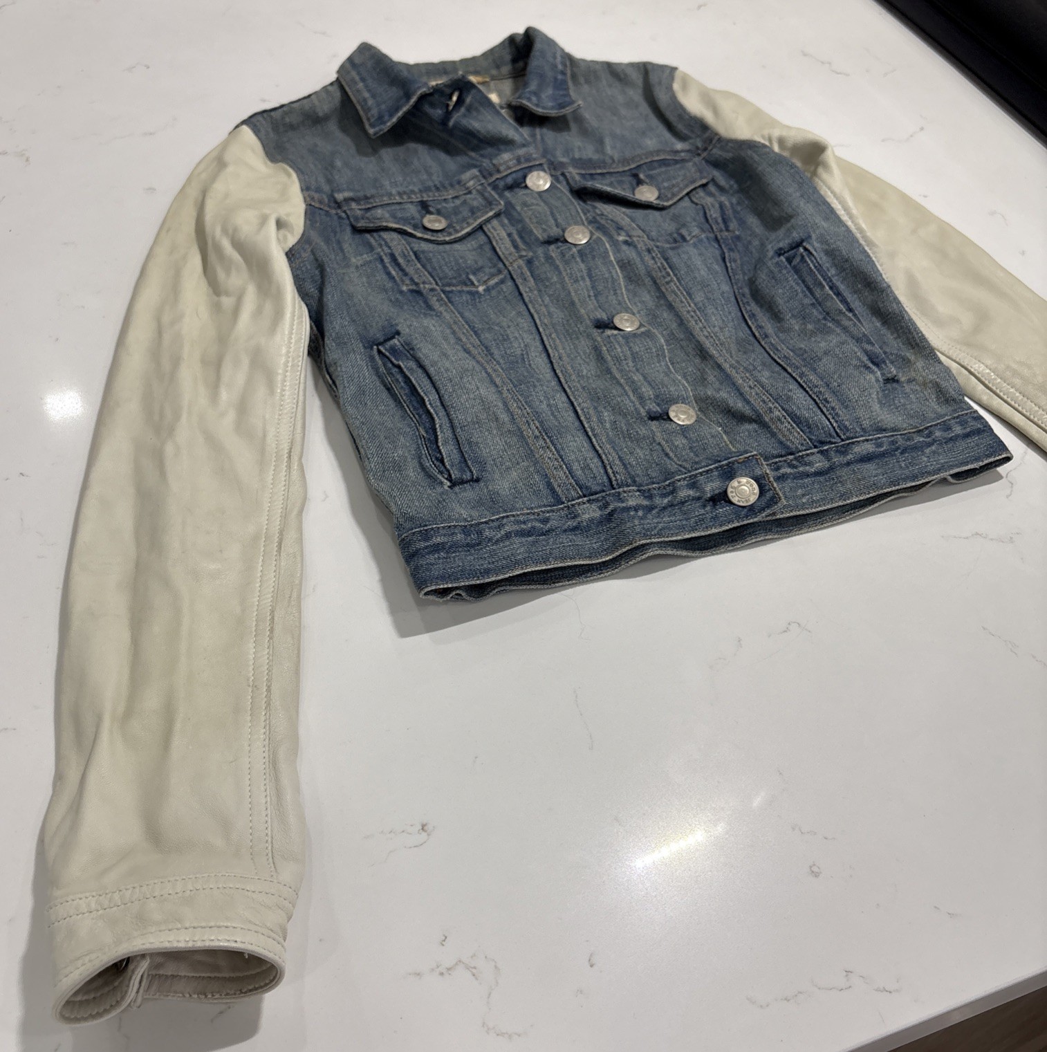 RAG & BONE Women’s Light Blue Denim Jacket With Cream Leather Sleeves Size XS