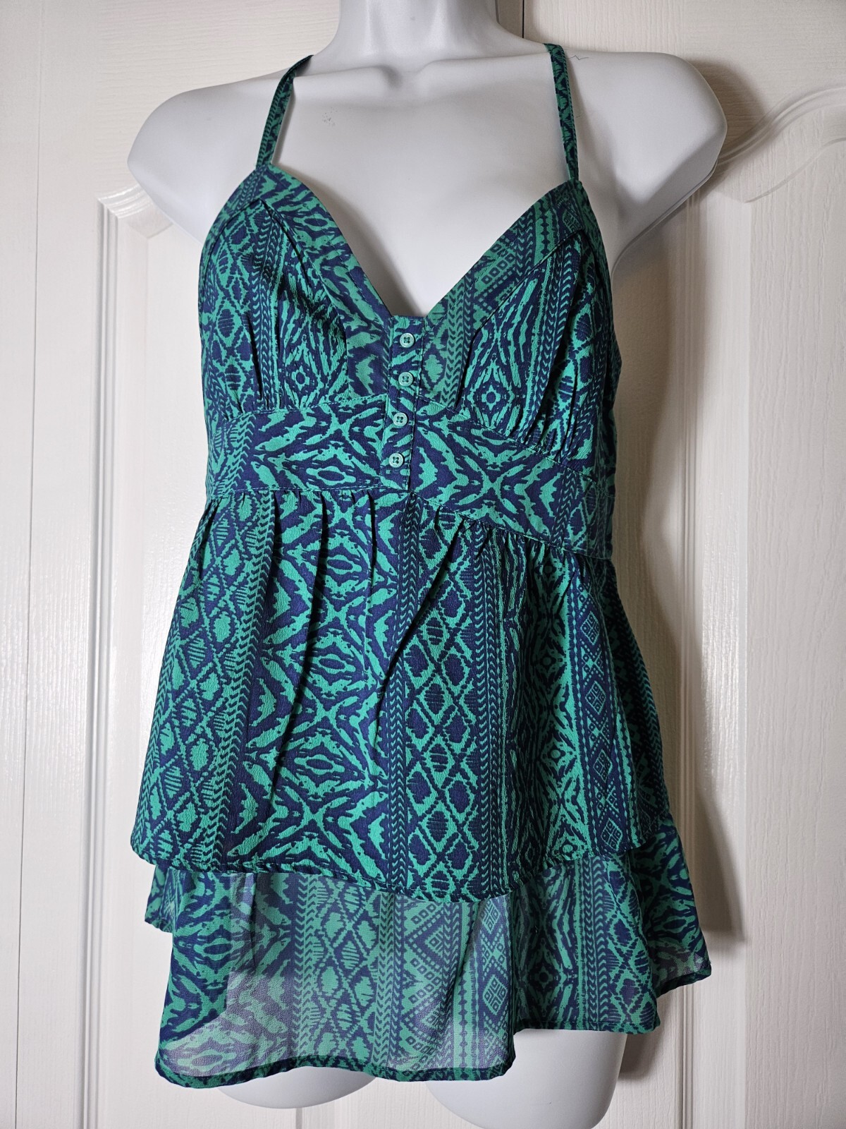 American Eagle Juniors Size XS Teal Green and Blue Boho Summer Top Tierd Ruffle