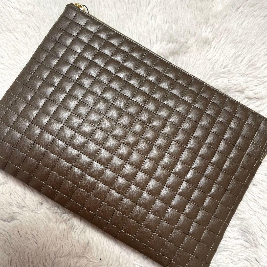 CELINE Clutch Bag Khaki Quilted Leather C Charm Pouch Gold Hardware Unused