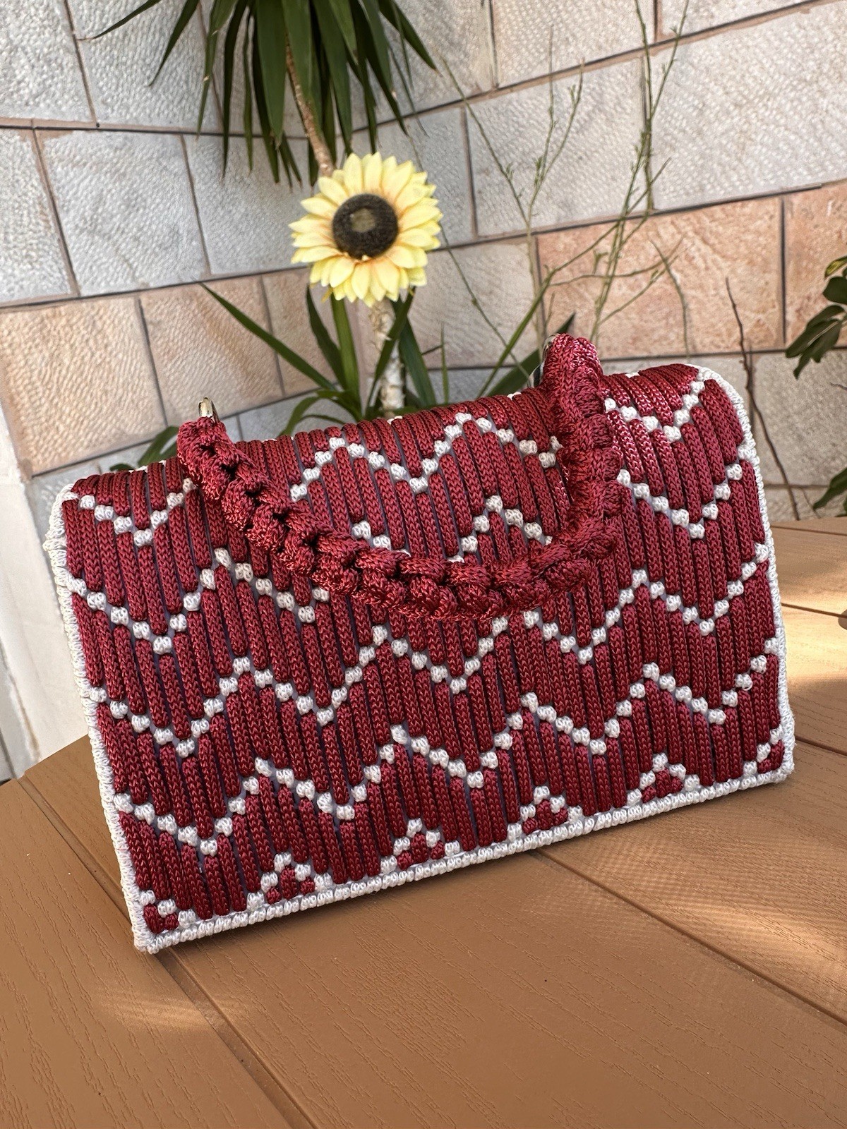 Handmade Macrame Handbag Burgundy & Cream | Artisan Woven Purse | One of a Kind
