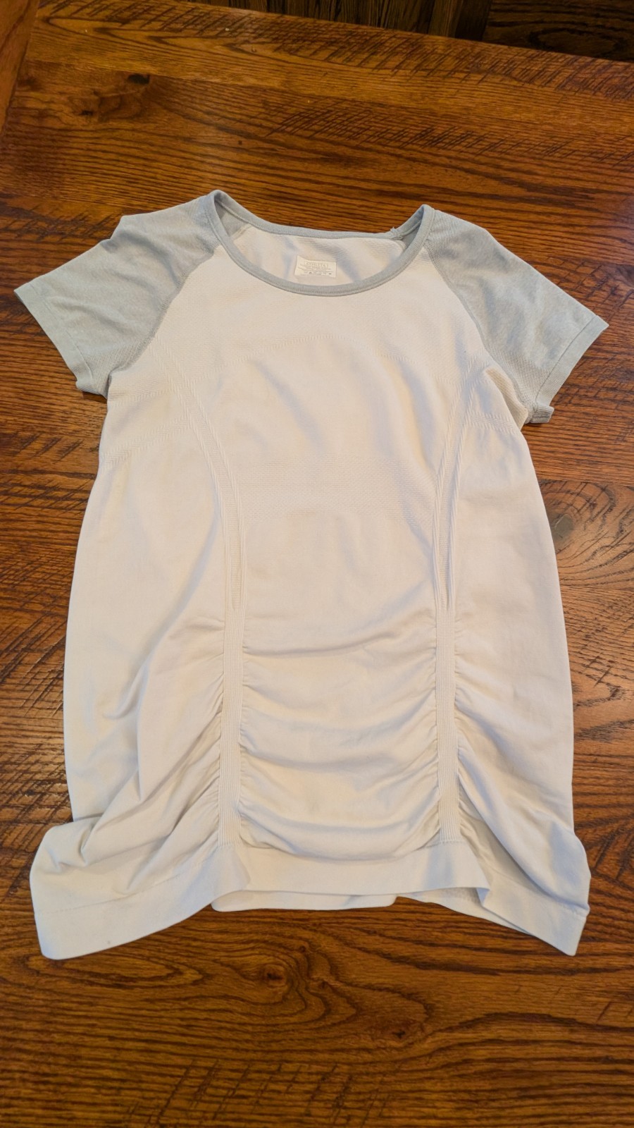 Athleta Gray White Stretch Fitness Top Short Sleeves Gathered Poly Nylon Span M