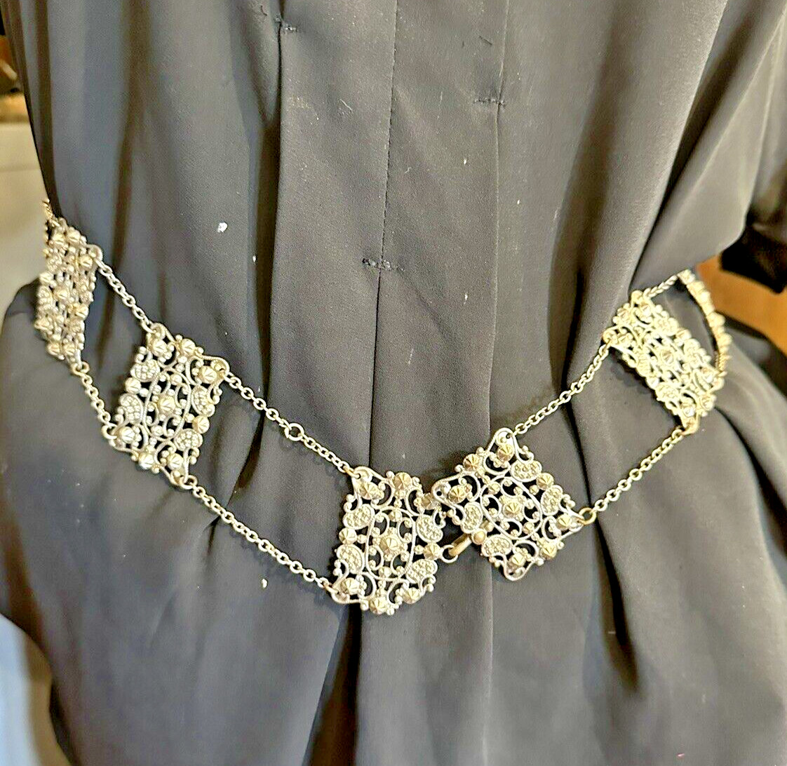 Antique Victorian Floral Etched Repousse Chantelaine Silver t Buckle 30.5″ Belt