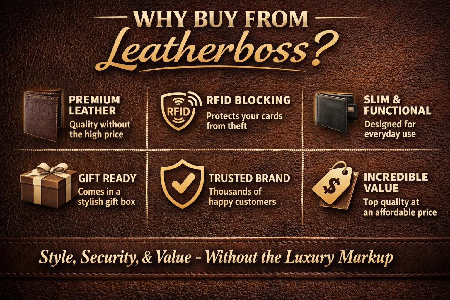 Leatherboss Mens RFID Blocking Hunter Leather Credit Card ID Trifold Wallet
