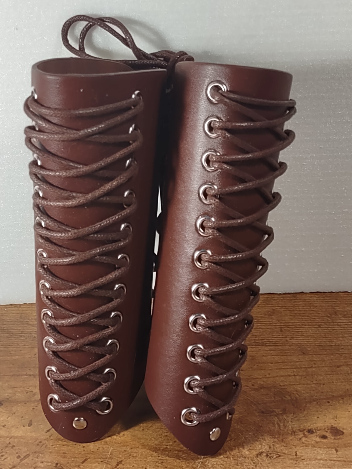 Pair of Brown Faux Leather Double Lace-Up Arm Wrist Cuffs 7.5″