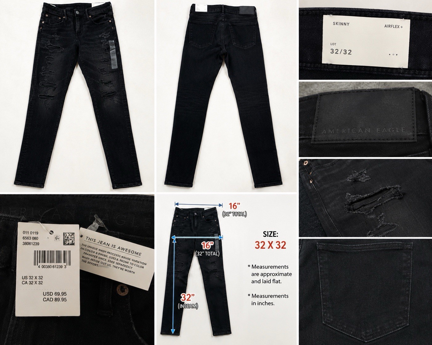 NWT America Eagle Men’s Black Dark Wash Skinny Stretch Distressed 5 Pocket Jeans
