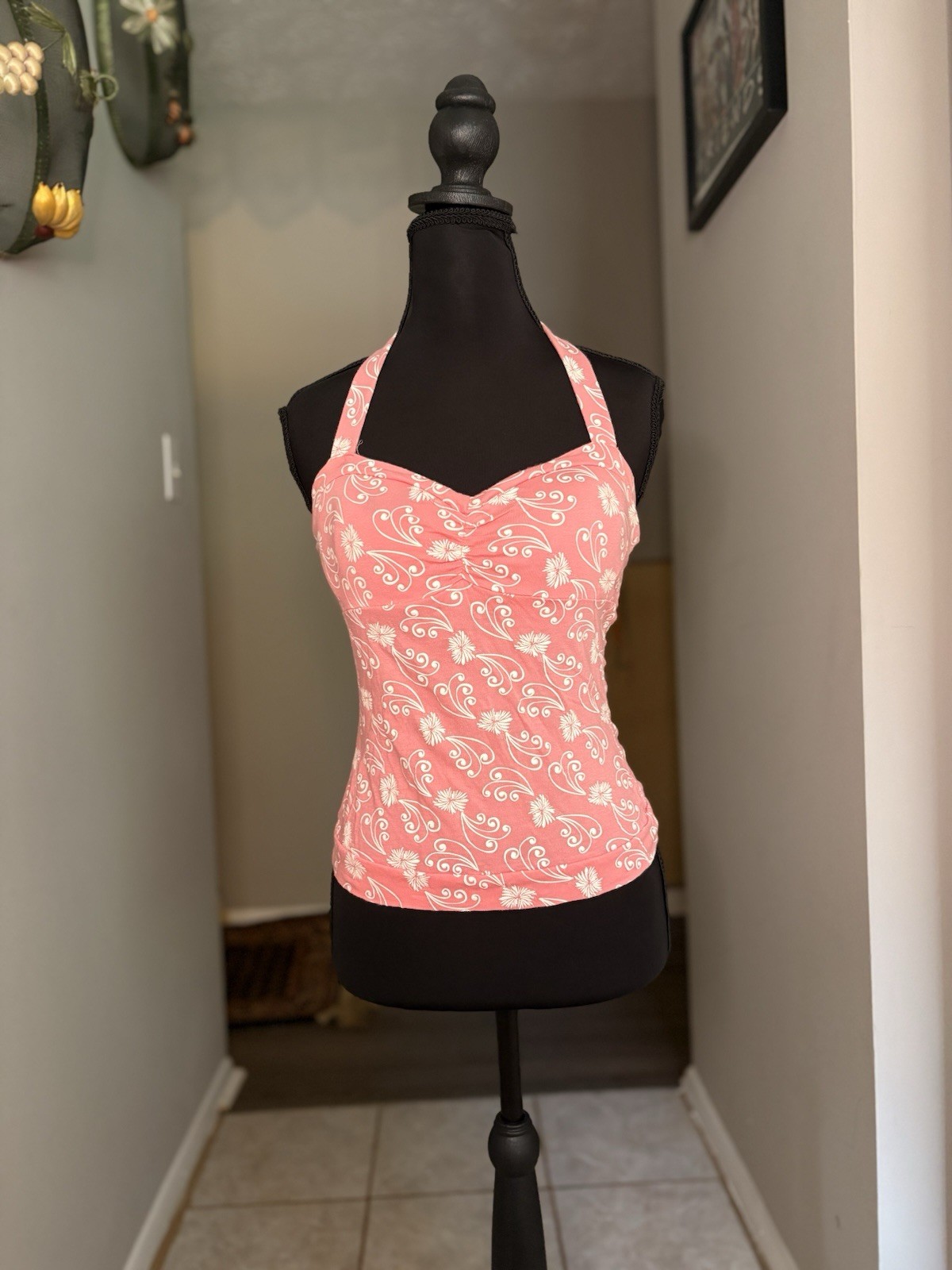 Y2K Pink Energie Padded Halter Tank Top W White Floral Designs