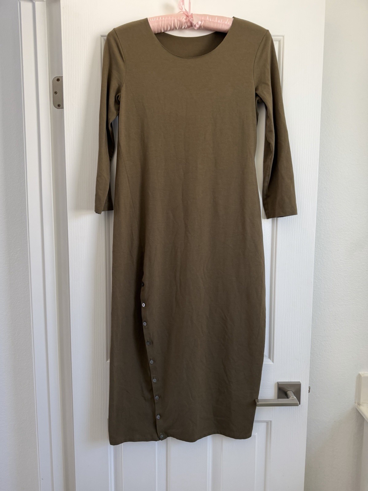 Theory Ranmire Olive Green Ribbed Knit Button Side Slit Midi Dress Medium M