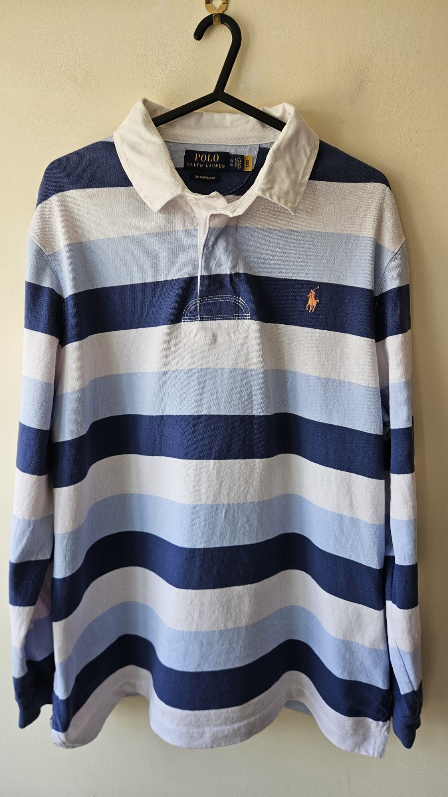 Polo Ralph Lauren Rugby Shirt XL Custom Slim Fit Striped Blue 23×28 Authentic