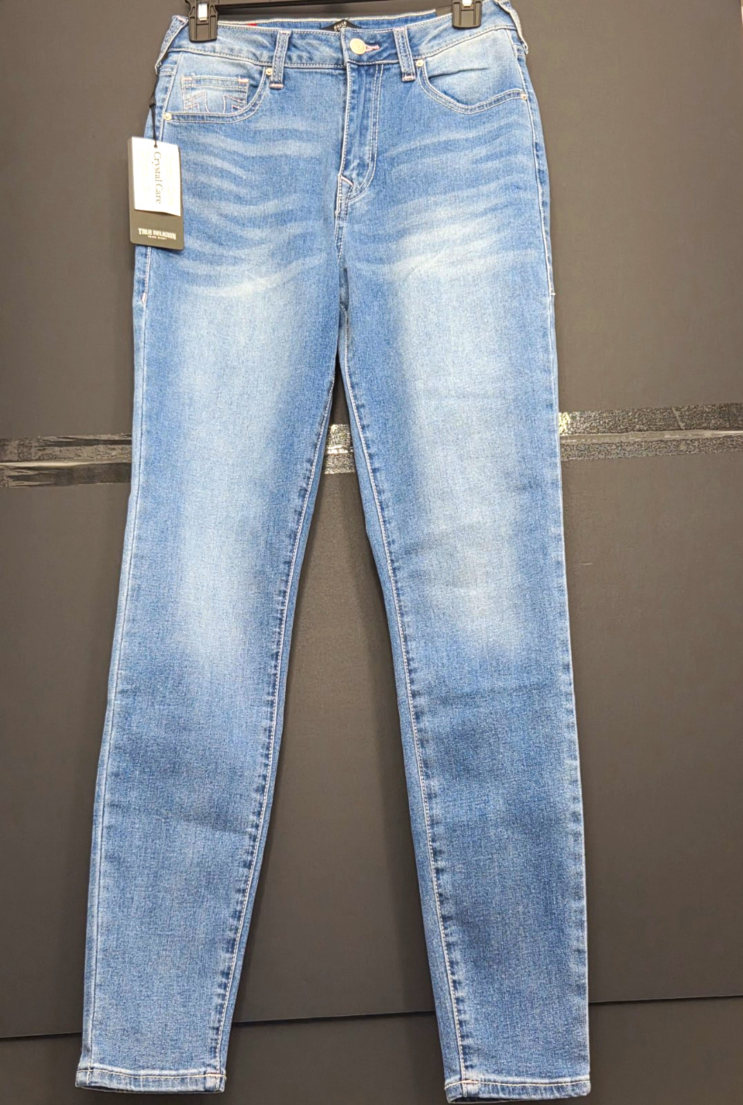 True Religion Crystal Care High Rise Skinny Light Wash Blue Studded Jeans 27