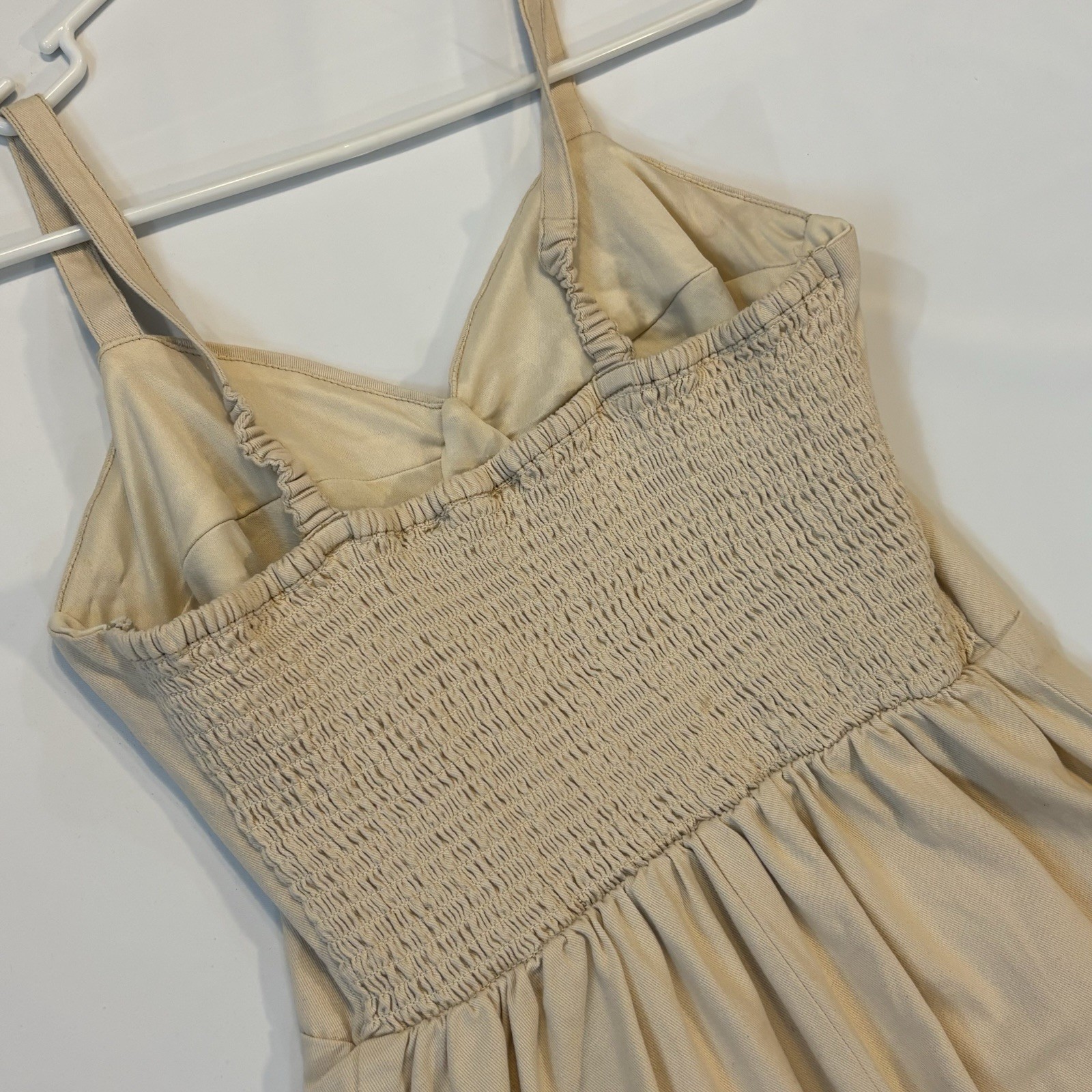 Sincerely Jules Beige Cotton Twill Midi Sheath Dress Fringe Sweetheart L D-137