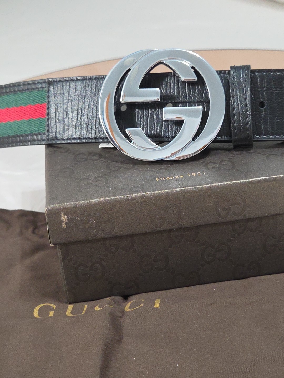 Gucci Black Green Red Striped Belt Size 38-40 IT 110CM Silver Buckle