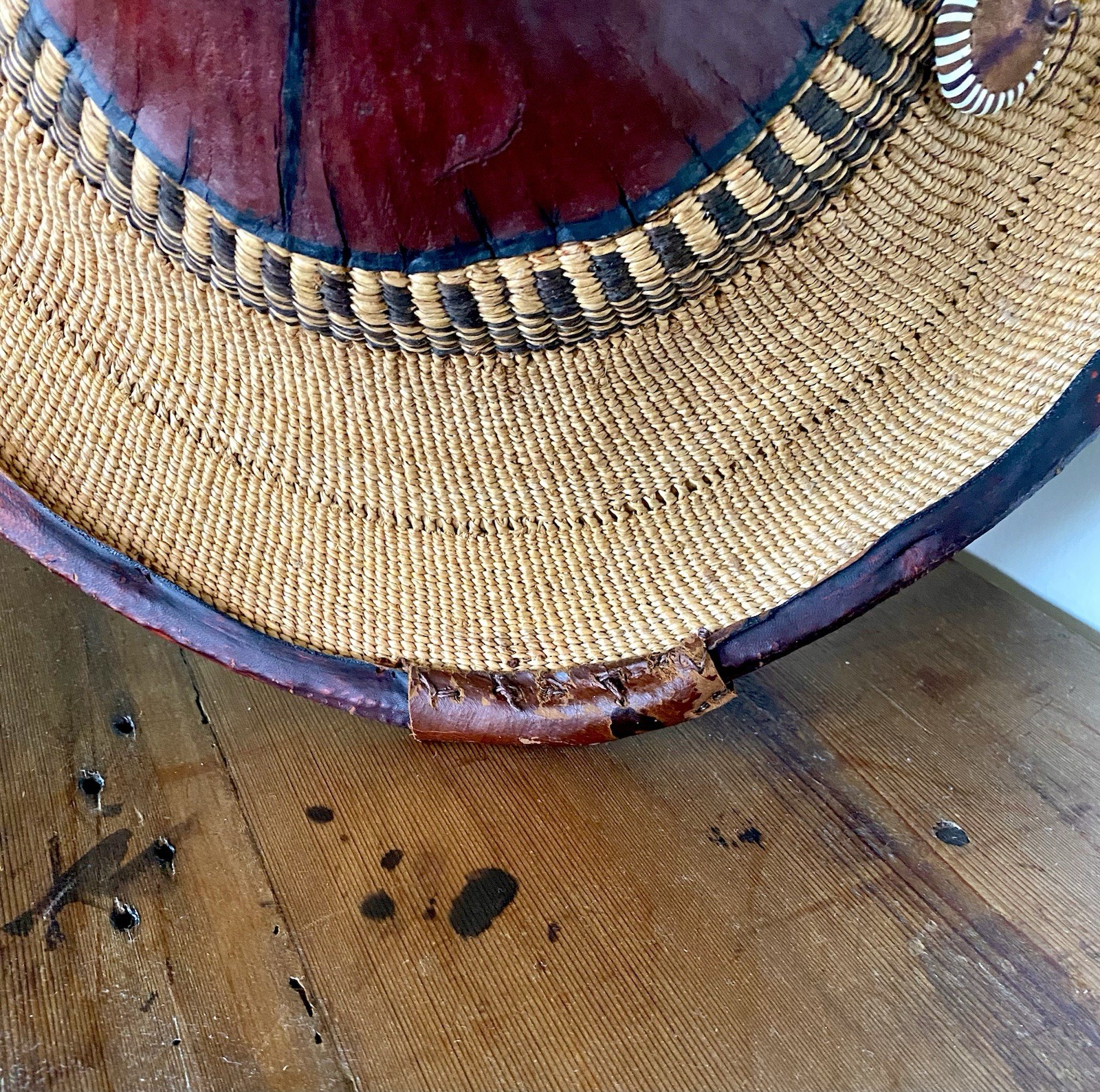 Antique African Ghanaian Hat ~ Traditional Conical Woven Straw & Leather ~19in