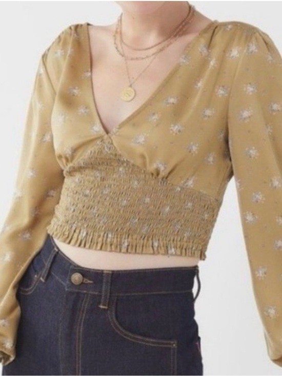 Urban Outfitters Olive Green Floral Smocked Crop Top