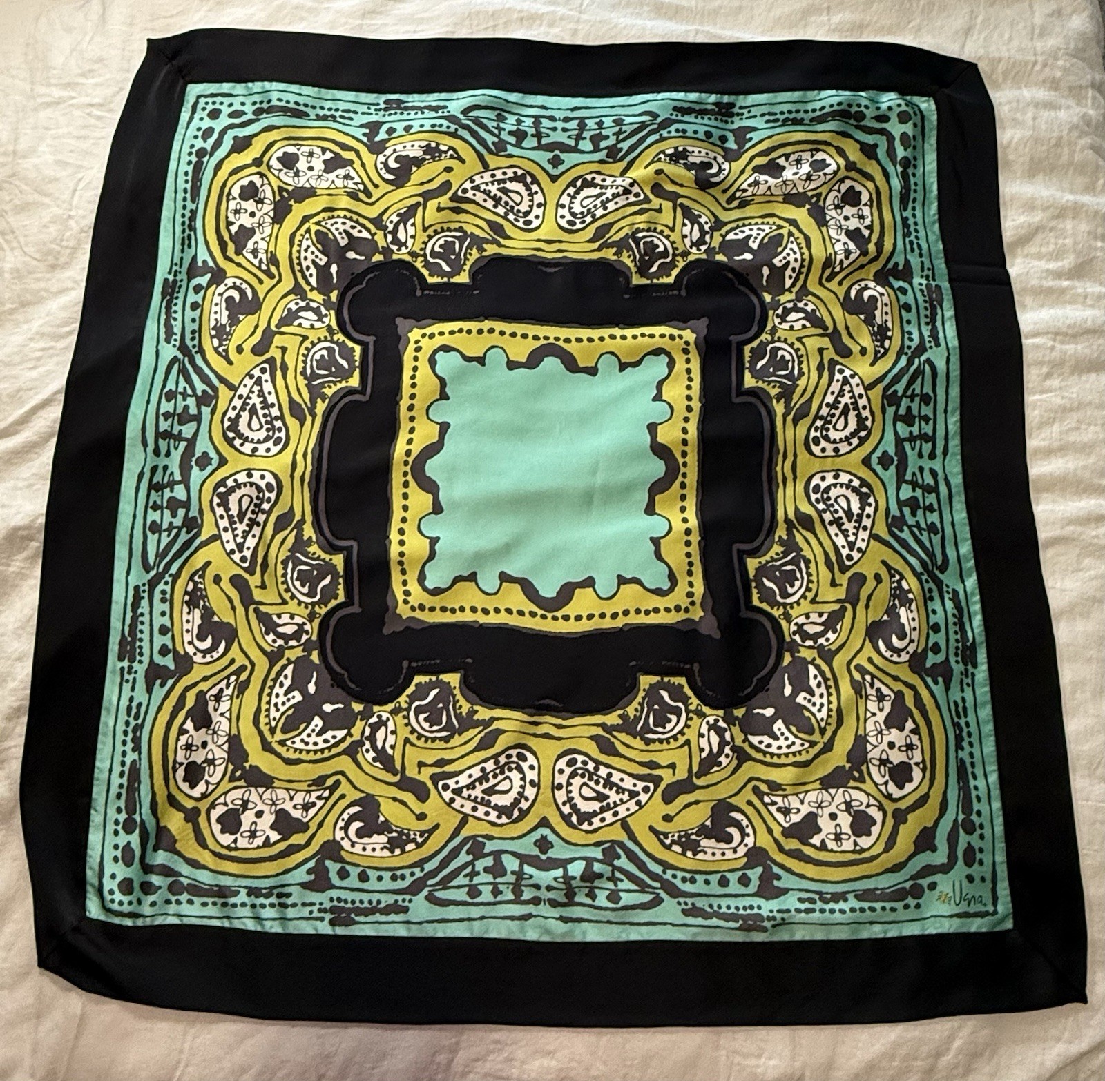 Vera Neumann Bold Teal Black Celadon Silk Scarf With Double Layer Border 43in Sq