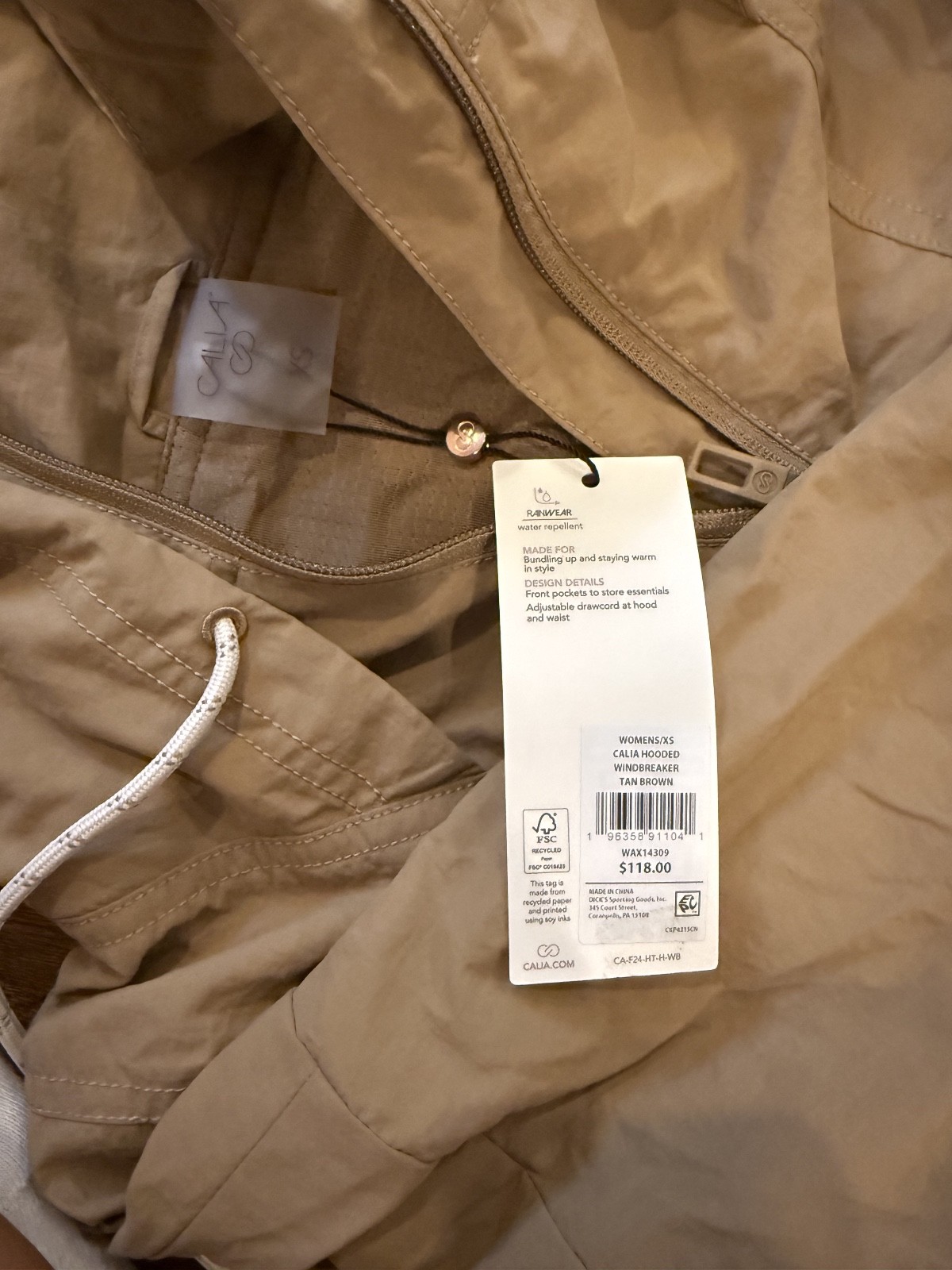 NWT Calia Womens Size XS Hooded Windbreaker Tan Jacket MSRP $118