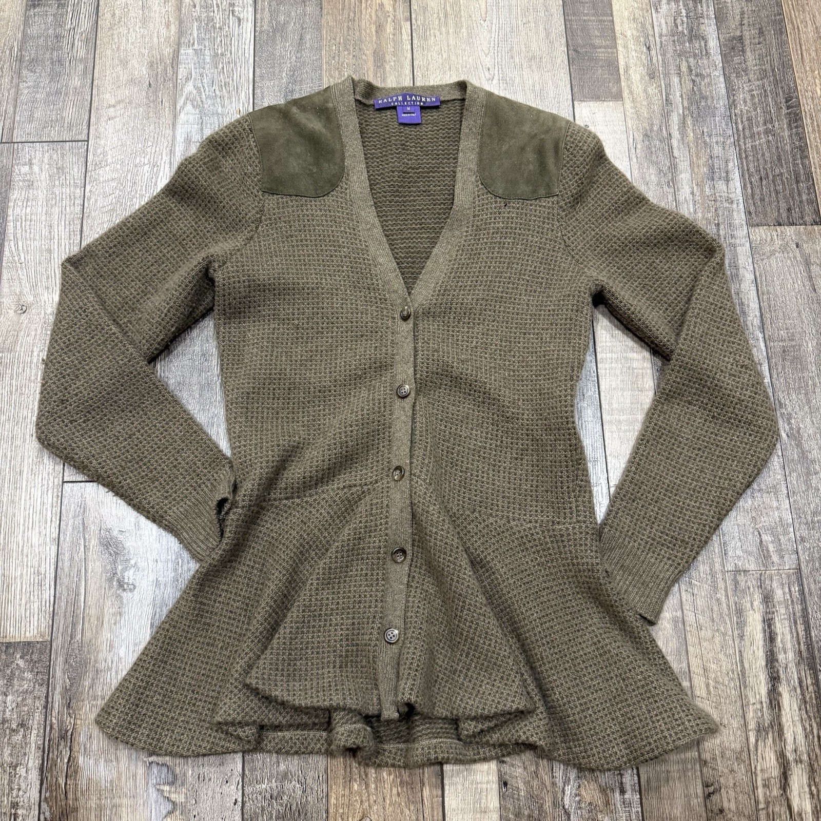 Polo Ralph Lauren Purple Label Olive Brown Textured Knit Suede Shoulder Cardigan