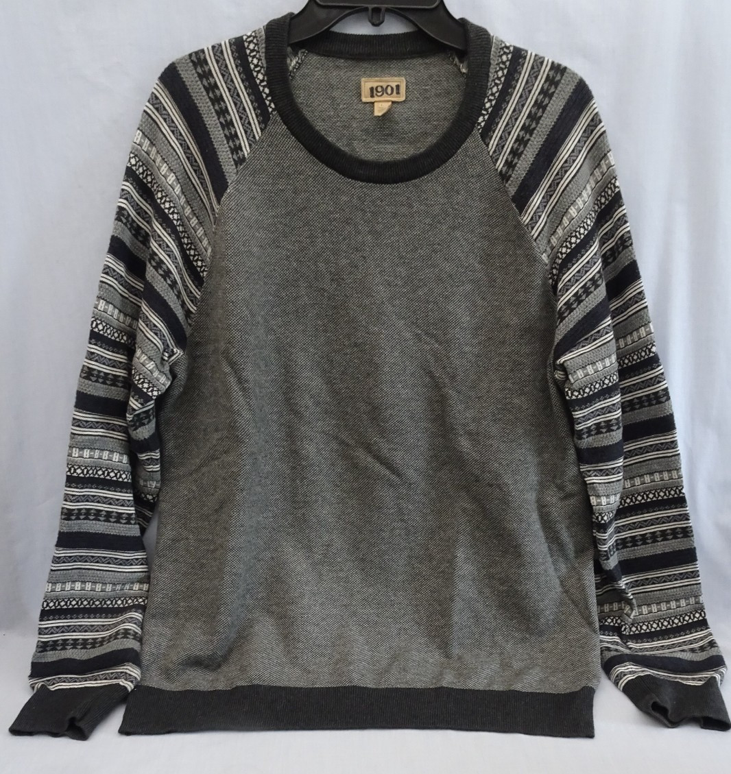 1901 Brand Mens M Crew Neck Pullover Gray Black 100% Cotton Sweater