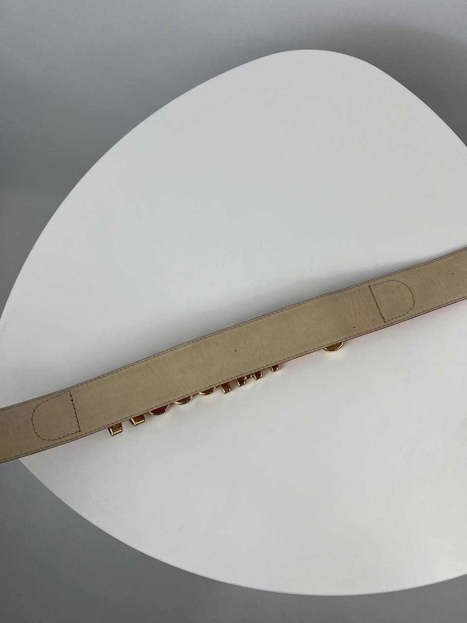 Vintage MOSCHINO Redwall Orange Leather Belt Gold Letter Logo Size 42 Italy Rare