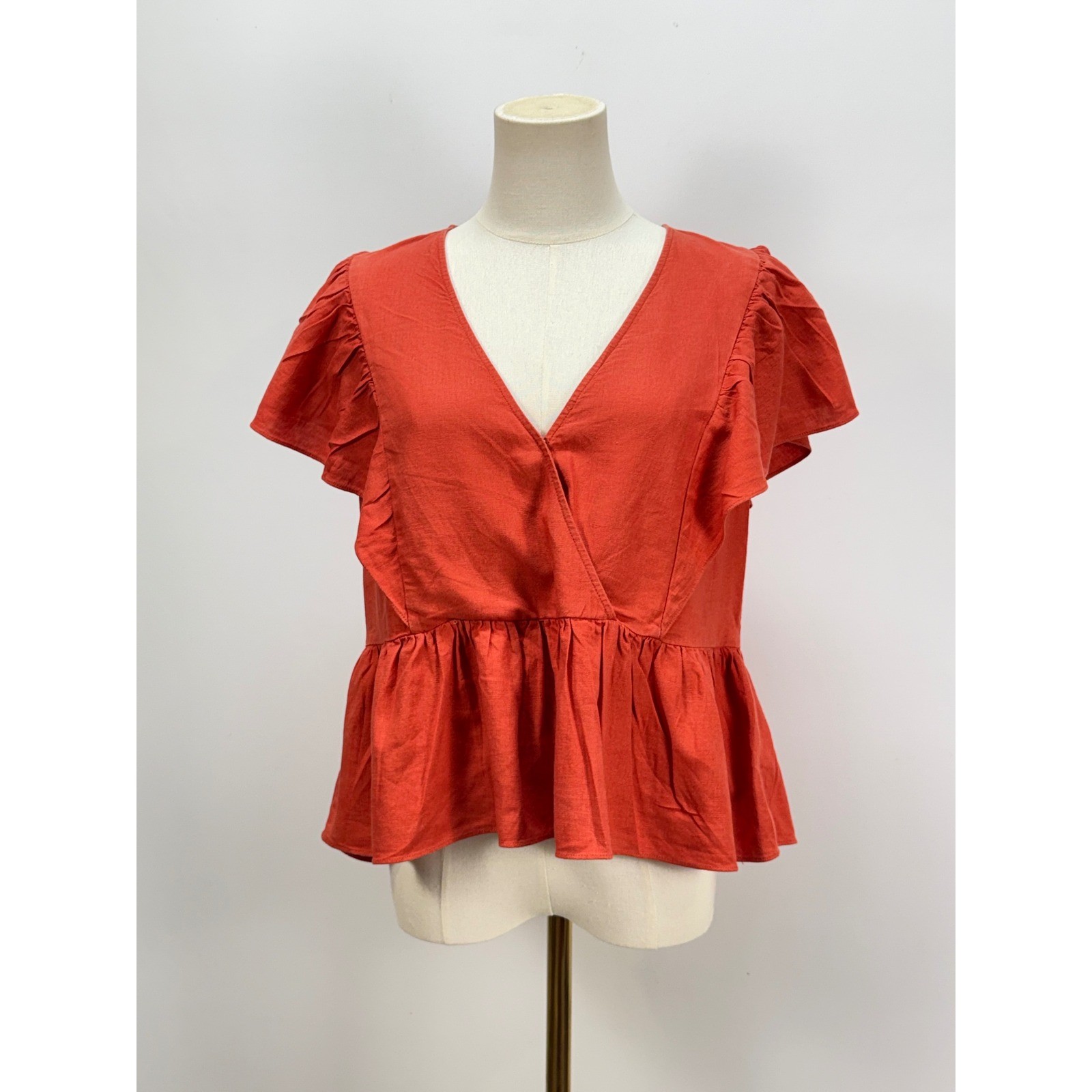 Madewell Ruffle Wrap Peplum Top Burnt Orange Linen Blend XS CKP454534629