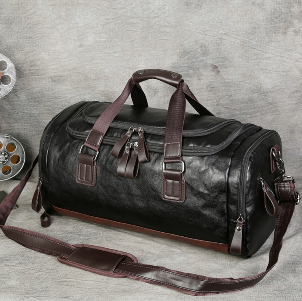 US Men Large Leather Travel Gym Bag Weekend Overnight Duffle Bag Handbag Black